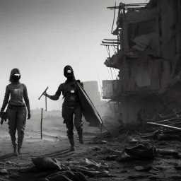 women, faces covered in black masks, ragged clothes, holding flag, war-torn, destroyed city in the background, 8k resolution, hyperrealistic, detailed matte painting, b&w, dynamic lighting, war, anarchy, terrorists