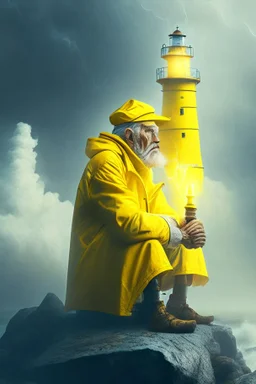 portrait of old seafarer smoking pipe, sitting in yellow raincoat on rocks beneath an unreal bright white lighthouse, storm clouds, volumetric fog, lightening, volumetric light,depth of field, fantasy art, 4k, highly detailed, sunbeam