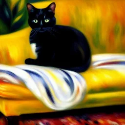 portrait of a Cat in a couch,by Pierre-Auguste Renoir, no frame, no signature,cinematic composition, extreme detail,fit full body inside picture,8k