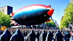 cartoonish jesus parade blimp pulled by multiple grim reapers, multi colored, bright, vivid, psychedelic, high detailed, high gloss, insanely detailed, matte, horrorcore, lining the street, unsettling contrast, monument to death, live action shot grim reaper parade, pulling a jesus parade float