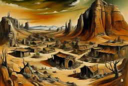 A brownish bronze underground mining village painted by Salvador Dali