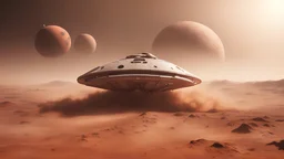 Highly detailed spaceship flying through the dessert above mars, image looking up capturing the dynamic and implied movement, establishing shot, sand - storm, mars desert, peach light, movie still