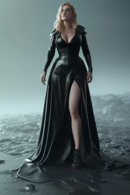 Kate Winslet as evil queen in black leather gown, cleavage, angry, stern look unreal 5, octane render,cinema4d, dynamic lighting, dramatic lighting, 4k, redshift render, highly detailed, hyper realistic