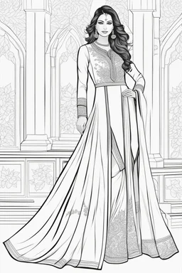 Coloring page for adults of a elegant fashion model woman wearing hindi dress, dynamic poses, full body portrait, thick and clean lines, clean details, no-color, no-turban, no-background, non color, non shading, no-grayscale, dynamic poses, full body portrait, thick and clean lines, clean details, no-color, no-turban, , non background, non color, non shading, no-grayscale, no color hair