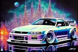 a true-to-life 1998 nissan silvia k's rocket bunny, centered, intricate, extreme detailed, photorealism, center view, city background, pivot on nissan, pen and color marker, painting by cheryl kelley