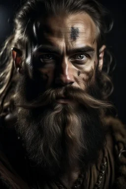 Portrait of a male warrior, scars on his face, long brown beard, middle age, evil look
