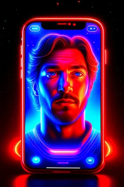 a 3d male face coming out of a realistic iphone 14 screen, inspired by Tim Hildebrandt, futuristic, glowing, sci-fi digital art illustration, stefan koidl inspired