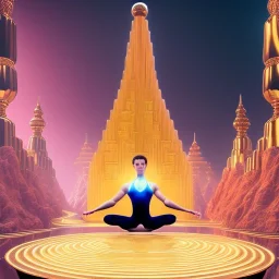 yoga master artist, maze background ,chain levitated, levitated lab equipment, 4k, Highly Detailed, Masterpiece, perfect eyes, Digital Illustration, Cinematic Lighting, Realistic, Sharp Focus, Centered, Beautifully Lit, Bioluminescent by Stanley Artgerm Lau