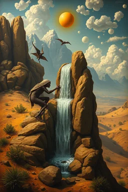 Hieronymus Bosch Style high quality picture in it aliens carryingwaterfall in the desert