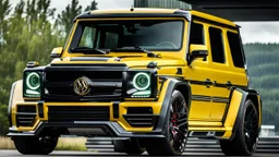 A (((G-Wagon mustang))) featuring a luxurious interior, advanced technologies, and a sleek body kit designed by MANSORY, front cinematic view