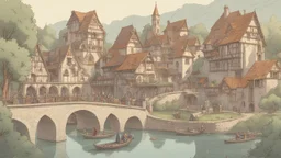 medieval gothic village on a lake with bridges, people, balconies, trees