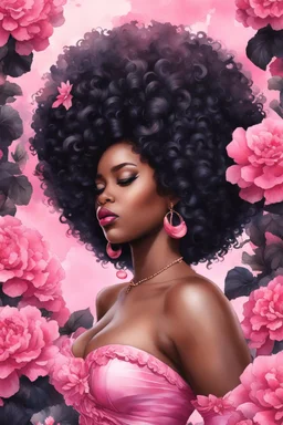 Create an watercolor image of a curvy black female wearing a pink off the shoulder blouse and she is looking down with Prominent makeup. Highly detailed tightly curly black afro. Background of large pink and black flowers surrounding her