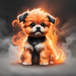 cute fluffy orange with black stripes puppy fu dog sitting in the mist of a flare fire swirling all around, in card art style