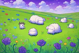 bucolic English countryside, peaceful sheep grazing in bright green grass, tiny colorful wildflowers Modifiers: extremely detailed bright studio setting 8k rose tones oil on canvas very attractive beautiful