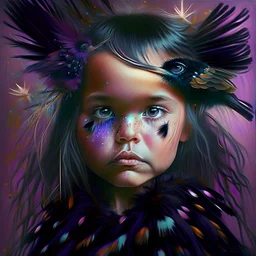 #Leonardai Starling , photorealistic ,pop surreal , lowbrow art ,enchanting portrait of a cute little girl ,representing a starling , feathers in her hair ,black and vibrant colors , sweet , magical , cosy warm light , whimsical, alluring , dazzling ,, expressive