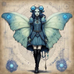 Jean-Baptiste Monge style hand drawn technical,full body portrait illustration , with detailed blueprints and engineering schematics of a walking hybrid Luna moth goth girl, with highly detailed facial features with multi cellular eyes, drawings, and technical notation, 8k, vibrant natural colors, whimsical fantasy