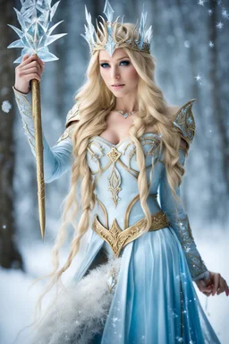 Full body Photography Beautiful Elven princess,blonde gold hair,rapunzel hair,very long hair,elven crown, light blue, white, ice, glitter,sparkle,ice flowers,elven ears,fairy princess, ice fairy,golden armor,ice crystals