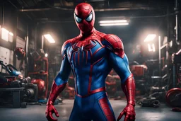 Spider Man Garage in a mega cool iron super blue + Red suit with on his arms and shoulders, hdr, (intricate details, hyperdetailed:1.16), piercing look, cinematic, intense, cinematic composition, cinematic lighting, color grading, focused, (dark background:1.1)
