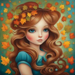 Masterpiece, best quality, Jeremiah Ketner style painting of a portrait of a girl in autumn park, autumn leaves in background, painted by Jeremiah Ketner