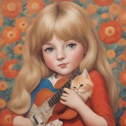 1970s, blond Little girl in red, long hair parted in the middle, hugging an orange cat, in the style of Margaret Keane, huge brown eyes, flowered wallpaper, a guitar
