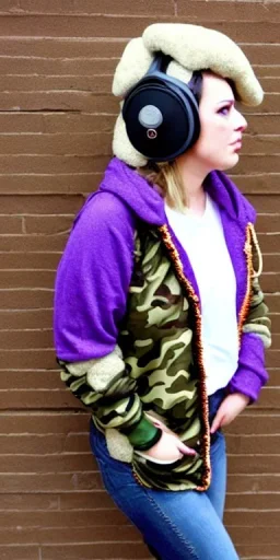 Brunette.thick thighs,thick calves,small belly,curvy fell. big head. Mantle is sewed of upcycled Denim and sewed together of camouflage pieces. Pieces' color are orange, cream and purple. It is with big bright purple felt tippet and cream-colored-hood. mantle is merged with satchel. . Big AKG-style headphones (gold rings!) is merged with small felt cap with small visor. Style: Haute Couture in 1920's, N.Y.C fashion in 1996, inspired by street art. Cream latex gaiter. Her head and rest body visib