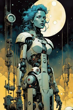 create an ethereal, otherworldly robotic female time traveler , in the comic book art style of Mike Mignola, Bill Sienkiewicz, and Jean Giraud Moebius, with highly detailed mechanical parts and feminine facial features , finely inked , dramatic natural lighting