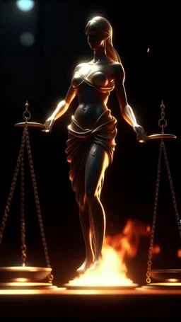 4K. REALISTIC FULL DETAILS. FULL LIGHTS. THEMIS SYMBOL OF JUSTICE WITH SCALES AND A SWORD GODNESS HARDROCK. BACKGROUND JAIL FIRESTARTER