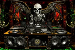 DJ of the damnded, insanely detailed DJ booth in hell, MID set, speakers and equipment made of bone, anatomically correct,