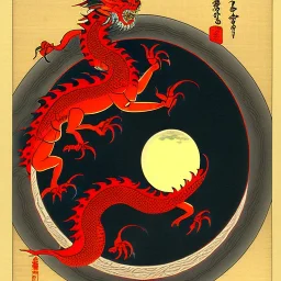 Ukiyo-e painting of a red dragon around a moon