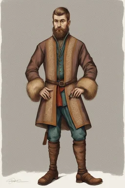 man, medieval, fighter, russian, croocked nose, czar, rich, simple clothes, short messy hair, thick beard, oligarch, brocade coat with fur, brocade clothes, pencil drawing, muscles, 20 years old, medival leather bootsspitz, gewand aus seide