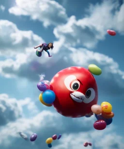 Ultra realistic speed clouds sky scene, wide angle view, child falling down with many Children background, inflatable monsters, circus dress style, feather color, free jumping flying, many trinkets, hair monster, many jelly beans, balls, color smoke, smile, happy, extreme, wind, clouds sea, 20,000 feet altitude, stratosphere, soft color, highly detailed, unreal engine 5, ray tracing, RTX, lumen lighting, ultra detail, volumetric lighting, 3d, finely drawn, high definition.