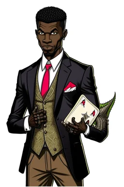 Dashing black man in a suit, holding a deck of cards. There's a young fey dragon with him.