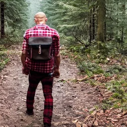 george st pierre bloody with a red plaid shirt, a backpack surviving in a forest