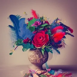 delicate bouquet of lace pearls and feathers, chiaroscuro, vivid colors, festive colors, dramatic lighting, beautiful composition, aesthetic layout