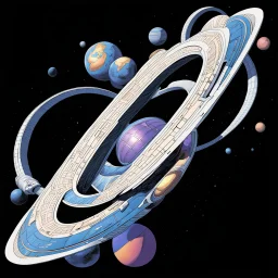 a Mobius strip that is also a starship "TAA II" is the size of a solar system and belongs to Marvel's Galactus, it is shaped like a Mobius strip, winding and looping upon itself, with Jack Kirby design elements, in space with small planets within, add color and texture