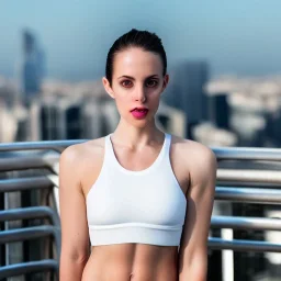 professional photo of a beautiful young woman, gorgeous beauty, sweaty pale skin, symmetrical face, wearing white sports bra, toned stomach, perfect boobs, dense voluminous hair, rooftop terrasse gym in background, penthouse environment, stunning background with city view, cinematic lighting, highly detailed, intricate, sharp focus, (((depth of field))), (((f/1.8))), 85mm, (((professionally color graded))), (((dusk))), soft diffused light, volumetric fog, hdr 4k, 8k