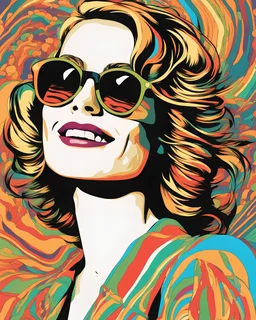 Portrait of a happy fair-haired woman in sunglasses Colourful psychedelic 1970s. AI generative.