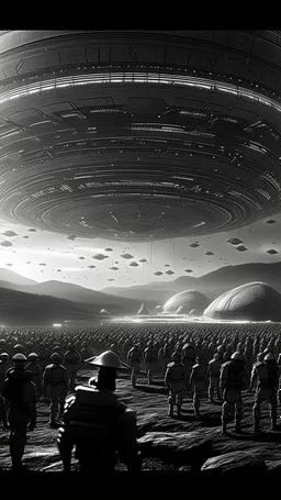 A land filled with hundreds of aliens in a bright light at the end of the picture a huge spacecraft object hovering above , cinematic, 8k, in black and white, fine line draw
