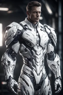 Tema Kuzmin manin a mega cool white iron super suit with on his arms and shoulders, hdr, (intricate details, hyperdetailed:1.16), piercing look, cinematic, intense, cinematic composition, cinematic lighting, color grading, focused, (dark background:1.1)