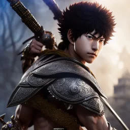 Young Male warrior, Anime Key Visual, by Kentaro Miura, Deep Color, Intricate, 8k resolution concept art, Natural Lighting, Beautiful Composition head and shoulders portrait, 8k resolution concept art portrait by Kentaro Miura, Artgerm, WLOP, Alphonse Mucha dynamic lighting hyperdetailed intricately detailed Splash art"