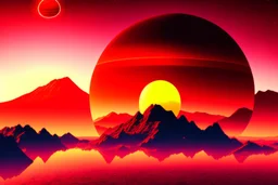 Exoplanet in red horizon, mountains, and sea