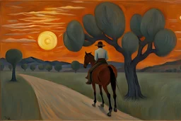 A mexican women rides his horse past the olive trees. The sky is orange. A gray sun is in the sky. By Edward Munch