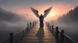 walking straight ahead over a wooden bridge, holding the angel of death with your right hand, entering the fog at the end of the road that leads to the afterlife, a stream from the mountains flows from the right and left, and a beautiful sunset behind the fog, realistic