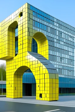 haz un edificio con forma de signo de interrogacion de color amarillo y gris con ventanas de vidrio