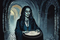 create a fine art print illustration of the spectral shade of an emaciated 13th century Jewish female vampire fortuneteller, clothed in an ornate but ragged bliaud with highly detailed feminine facial features, in the catacombs of the old city of Krakow, shrouded in a fetid mist at midnight , in the comic book art style of Bill Sienkiewicz, and Jean Giraud Moebius, finely textured, drawn, colored, and inked