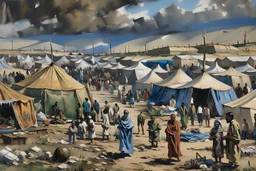 A painting of families in a refugee camp. In the distance there is a war going on