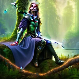 romantic fantasy spray painting, closeup of cute smiling dark robed elven princess bride ,sitting on a branch, loosing torch in magical forest by waterfall