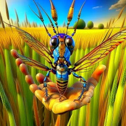 A colorful insect on a child's palm with a background of a hay field, an insect, a weta disney pixar, an insect, a still image of a weta disney, a weta disney, which looks like an insect, a portrait of an insect, a picture of a crazy wasp, a 3D rendering of a complex wasp, Folded Insect Forearms, Weta, Giant Insects, Weta Studio, Thopter from magic the collection