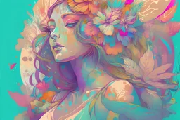 A detailed illustration a print of a vintage goddess, large colorful flower splash, t-shirt design, in the style of Alphonse Mucha, colorful tropical flora pastel tetradic colors, 3D vector art, cute and quirky, fantasy art, watercolor effect, bokeh, Adobe Illustrator, hand-drawn, digital painting, low-poly, soft lighting, bird's-eye view, isometric style, retro aesthetic, focused on the character, 4K resolution, photorealistic rendering, CMYK, using Cinema 4D