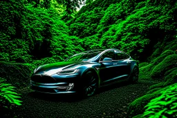 A Tesla's 'Model S Plaid' is parked, amid the 'Jurassic Park' jungle. CINEMATIC. WIDE ANGLE LENS. PHOTO REAL.